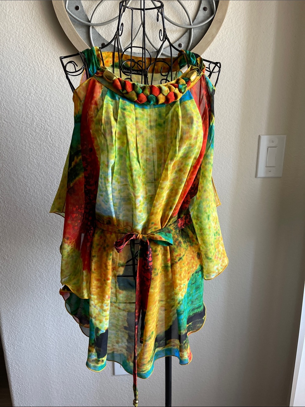 Bright Multicolor Chiffon Women's Top with Braided Neckline